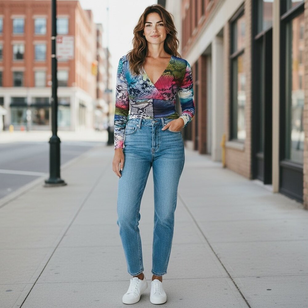 Women's Contemporary Ruched Sleeve Surplice Mini Dress Mixed Pattern S/M #186i - Picture 4 of 7